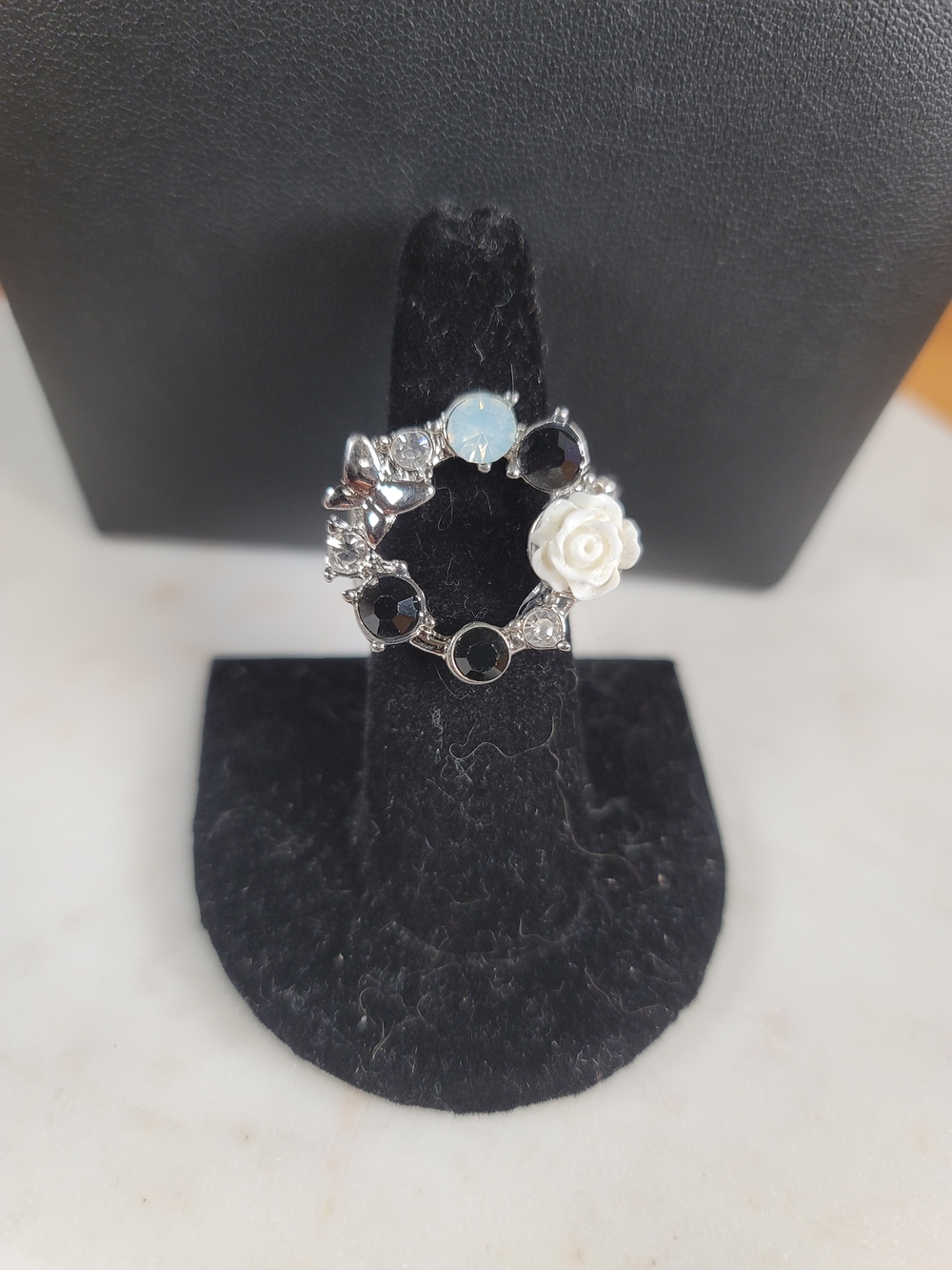 Paparazzi Silver Floral Black & White Butterfly Stone Ring